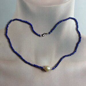 Lapis Lazuli Beads with Freshwater Pearl Necklace